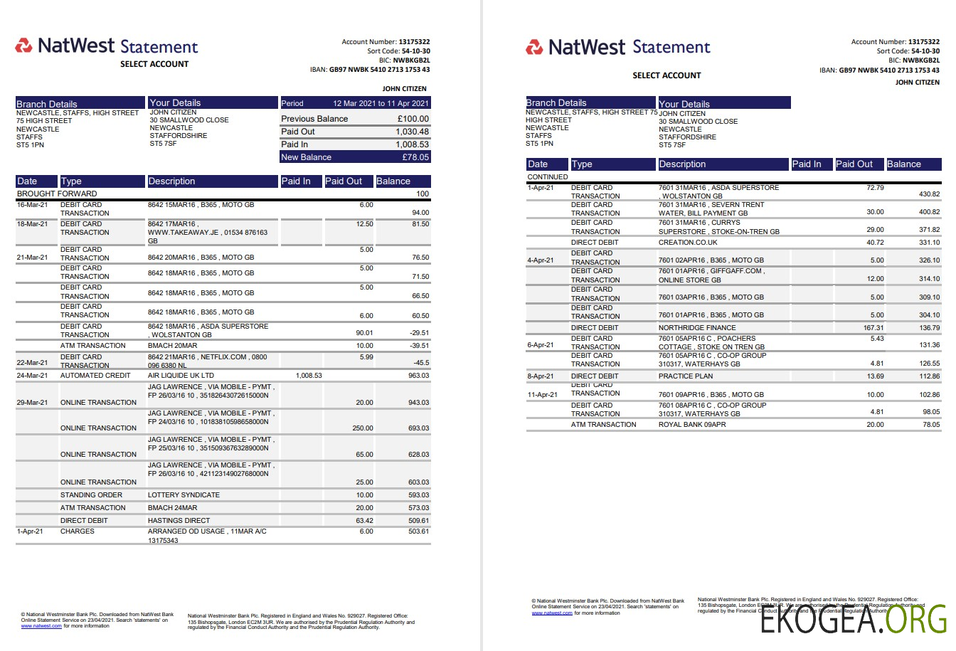 Modèle de relevé bancaire Natwest du Royaume Uni au format Excel et PDF (2 pages)